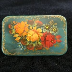 Vintage Hand-Painted Floral Pudding Brooch – Russian Zhostovo Style Teal & Gold